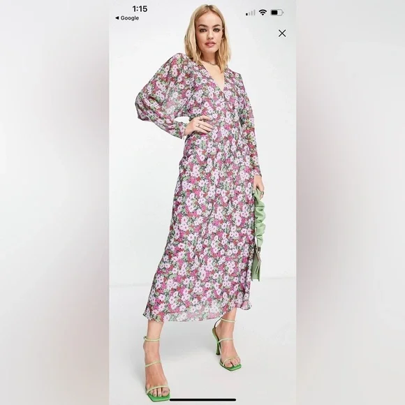 ASOS Pink and green floral deep V midi dress size 8. - Picture 1 of 16
